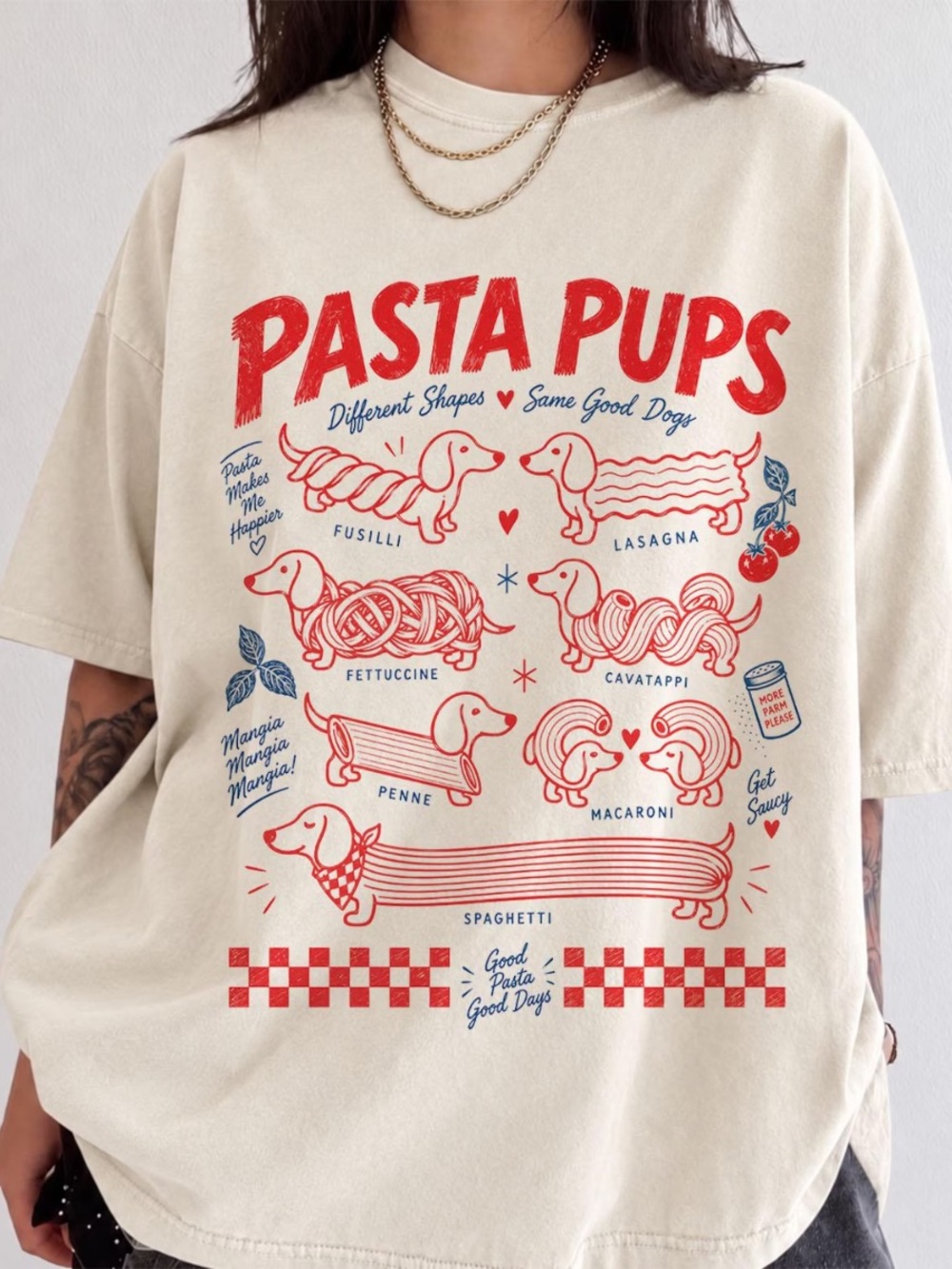 Comfort Colors Ivory Pasta Pups Graphic Tee with Red & Blue Print